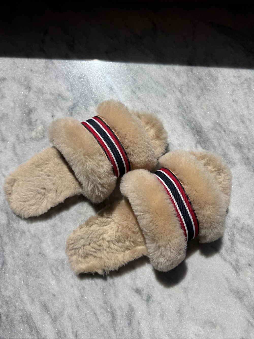 Emu Beige Sheepskin Slide Slippers with Red & Navy Stripes